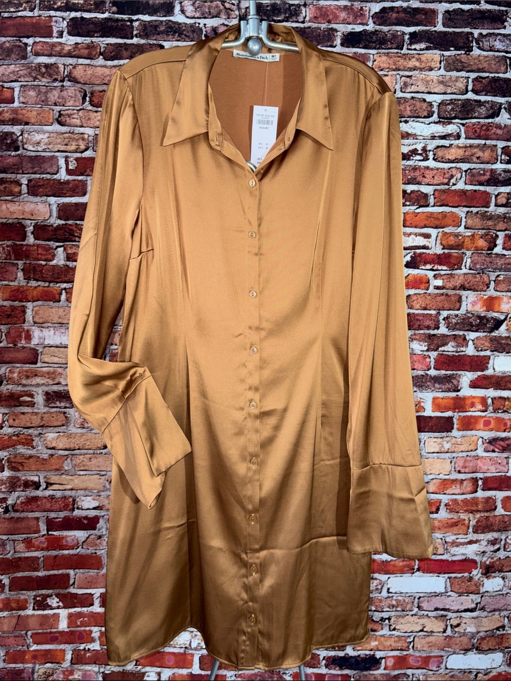 Abercrombie & Fitch Long-Sleeve Satin Shirt Dress Satin Golden Rust Camel Med T
